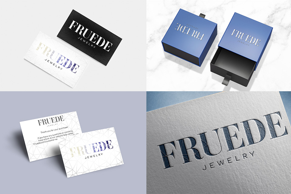 mock-ups for Fruede Jewelry on packaging and paper