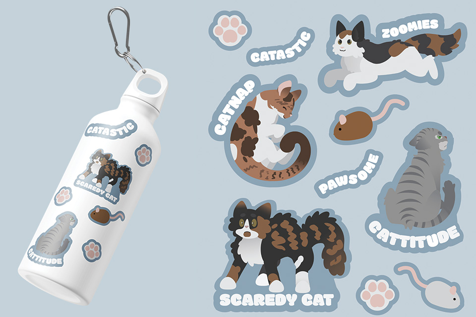 Sticker sheet and mockup on a water bottle